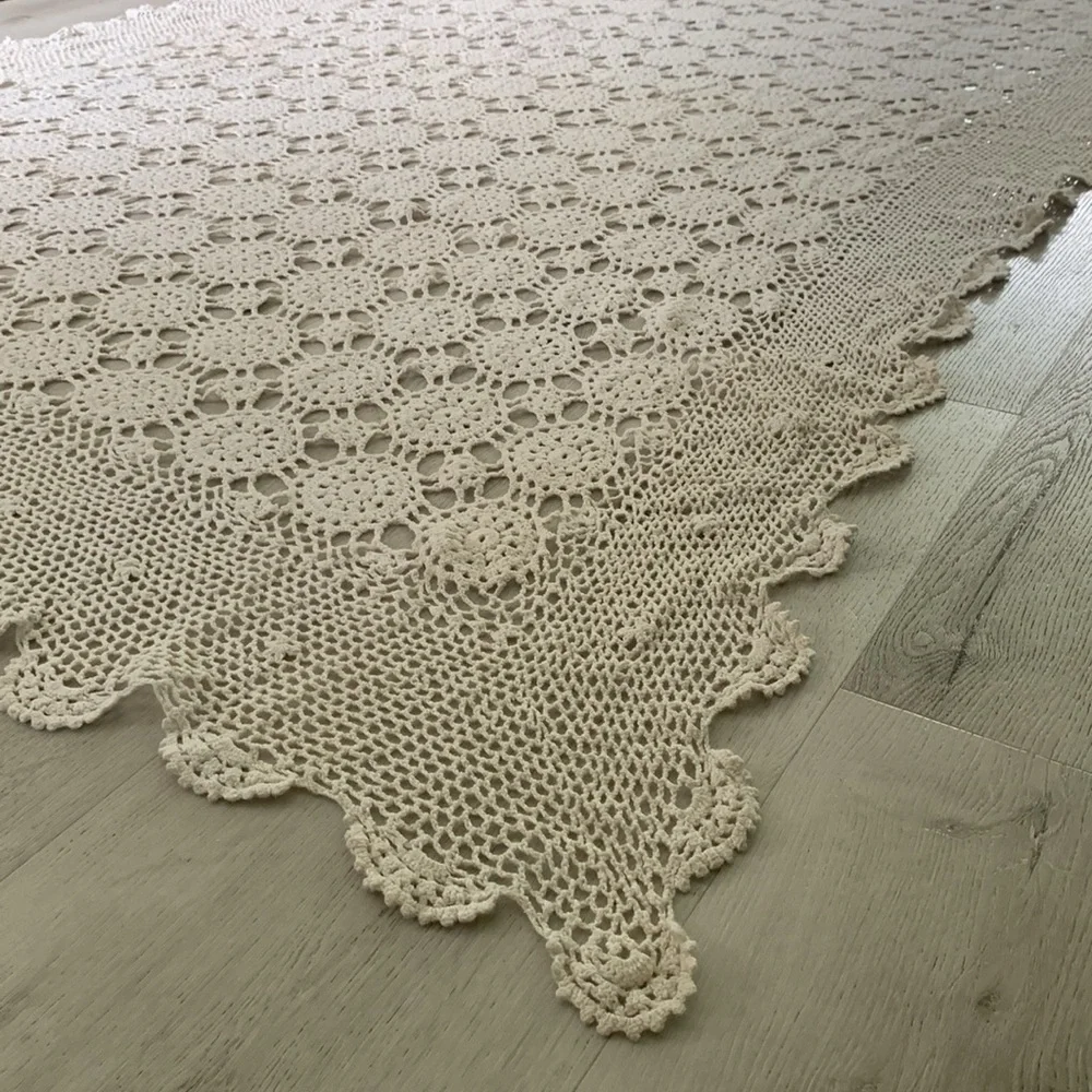 Vintage Hand Crochet Lace Bedspread Coverlet Afghan table cover blanket‎ cream